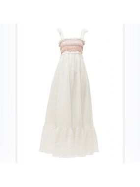 ZIMMERMANN GOLDIE CROCHET-TRIMMED SMOCKED 100% LINEN MAXI DRESS IN IVORY, SZ 1
